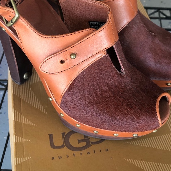 UGG Nicco Open Toe Leather Cow Fur Heels Size 6 - Picture 4 of 8